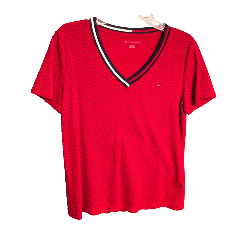 Tommy Hilfiger Logo Women's Top XL Red Polka Dot Short Sleeve V Neck Tee Shirt